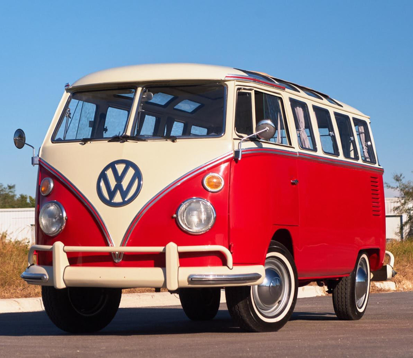Vintage 1965 VW 23-Window Samba Bus Red color